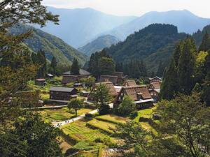 Ainokura, ein schnuckeliges Dorf, eingerahmt von sanften grünen Hügeln in einem kleinen Tal.