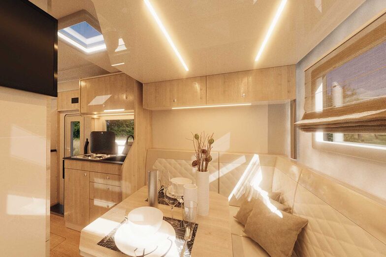 Blick zum Küchenblock mit zweiflammigem Kocher. 