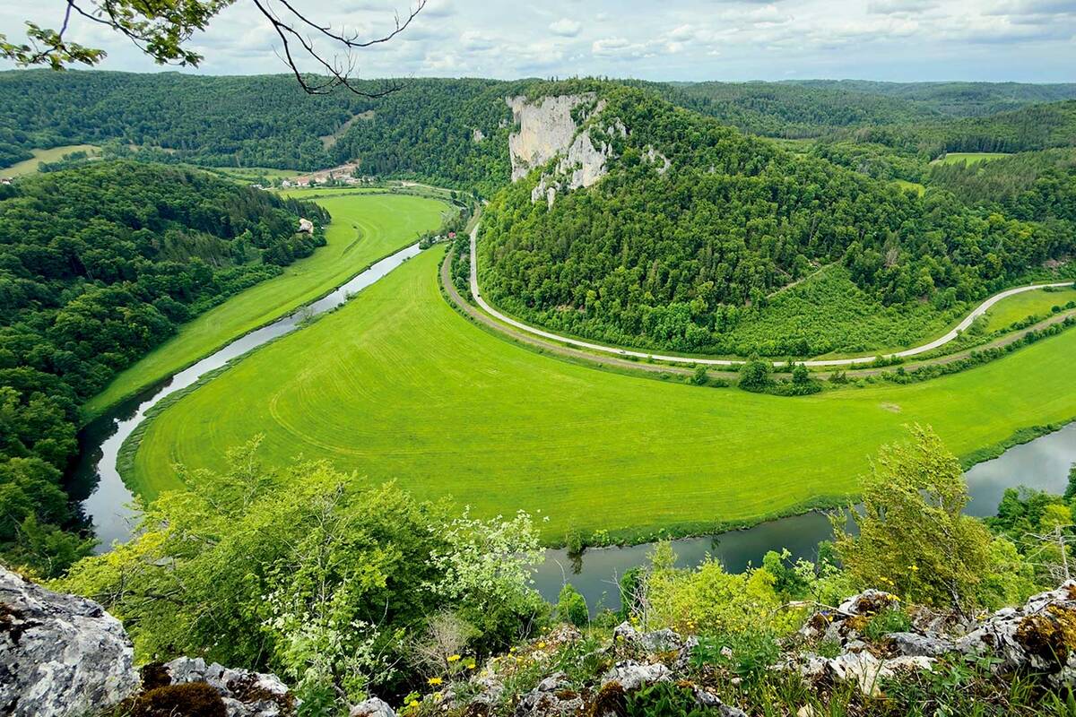 Die junge Donau schlängelt sich in weiten Mäandern durch das Obere Donautal, eingerahmt von bewaldeten Jurafelsen der Schwäbischen Alb.