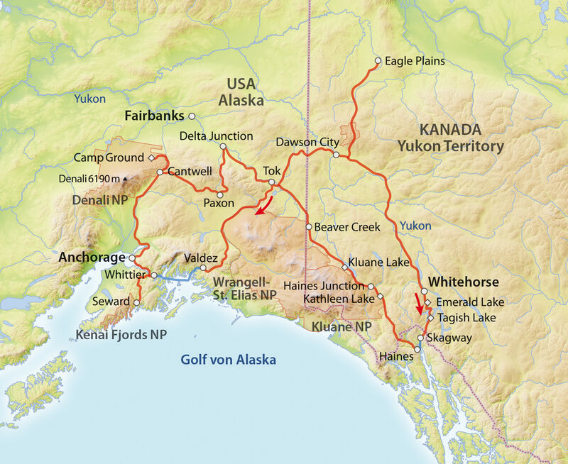 Reiseroute durch den Yukon und Alaska.