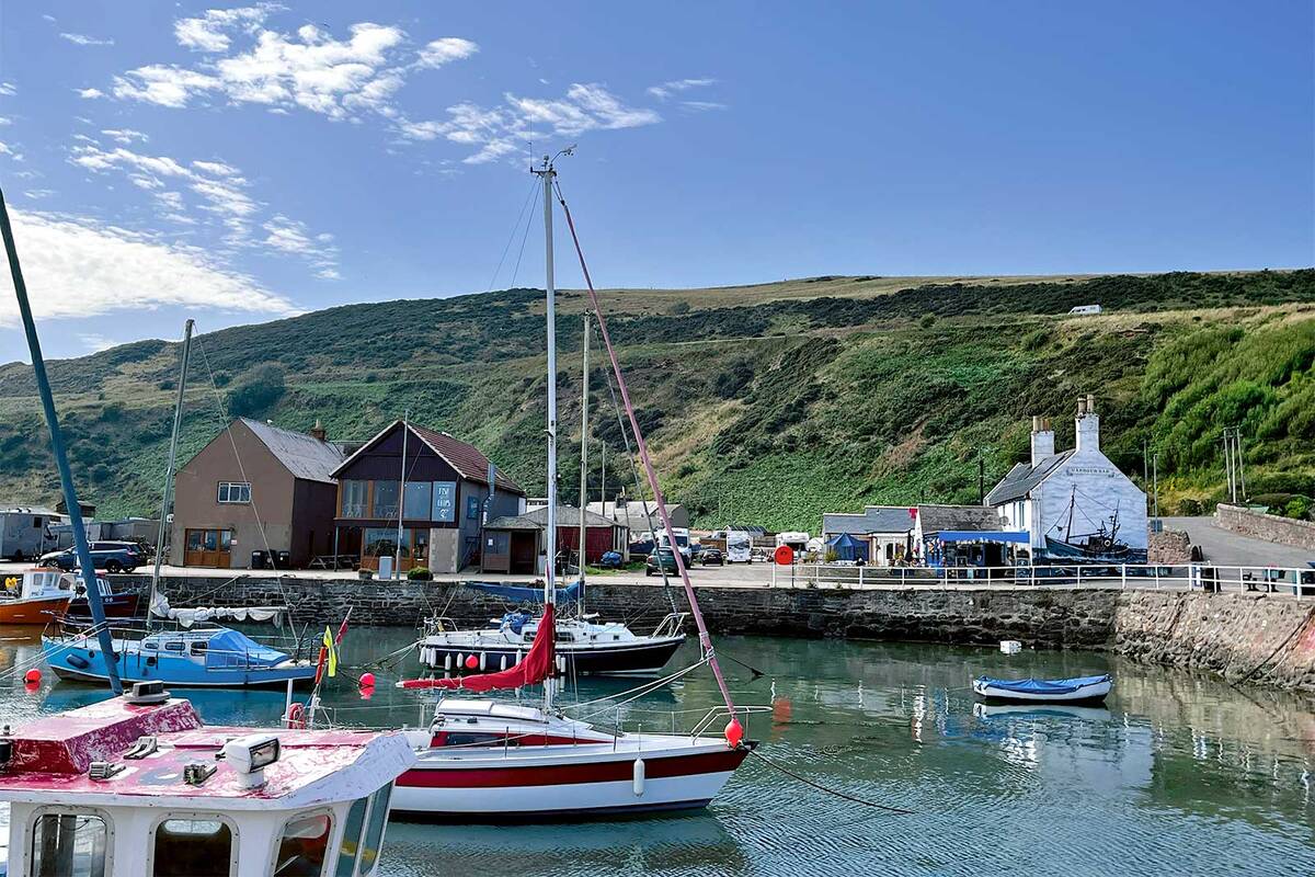 Der malerische Hafen von Gourdon an der schottischen Ostküste mit der Harbour Bar ist zugleich ein Brit-Stop-Stellplatz für Wohnmobile.