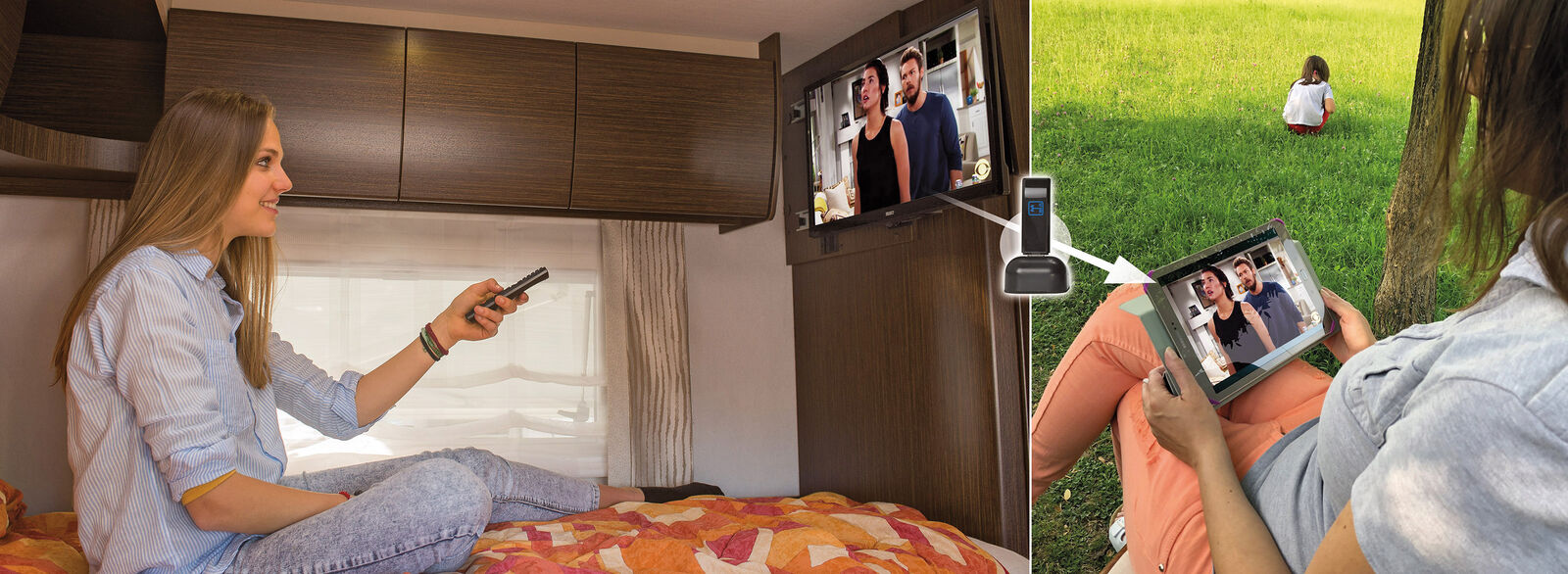 Mit einer einzigen Fernbedienung ist der Zugang zu verschiedenen Internet-Inhalten möglich – auch ausserhalb des Wohnmobils.